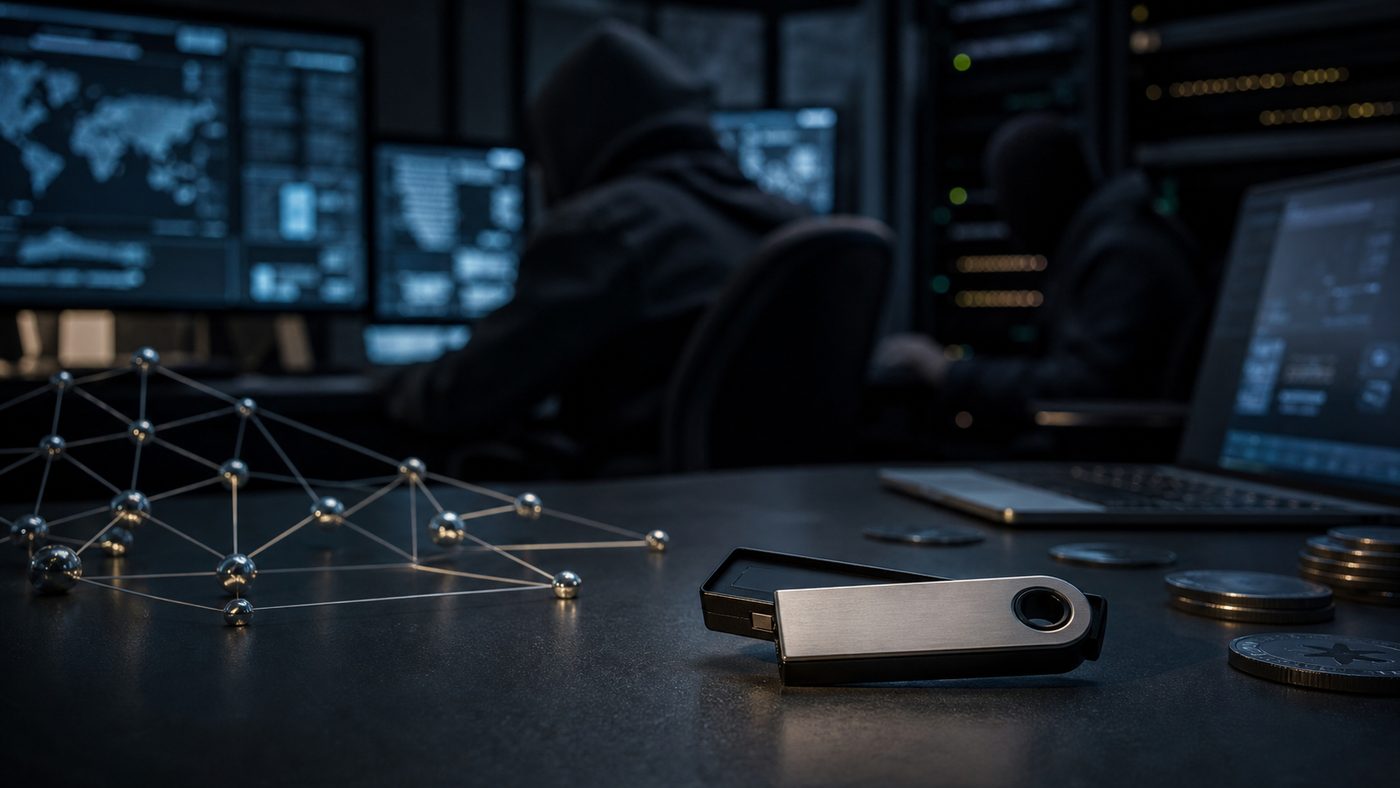 AI генерирана илюстрация на хардуерен крипто портфейл, киберриск и дигитална сигурност.