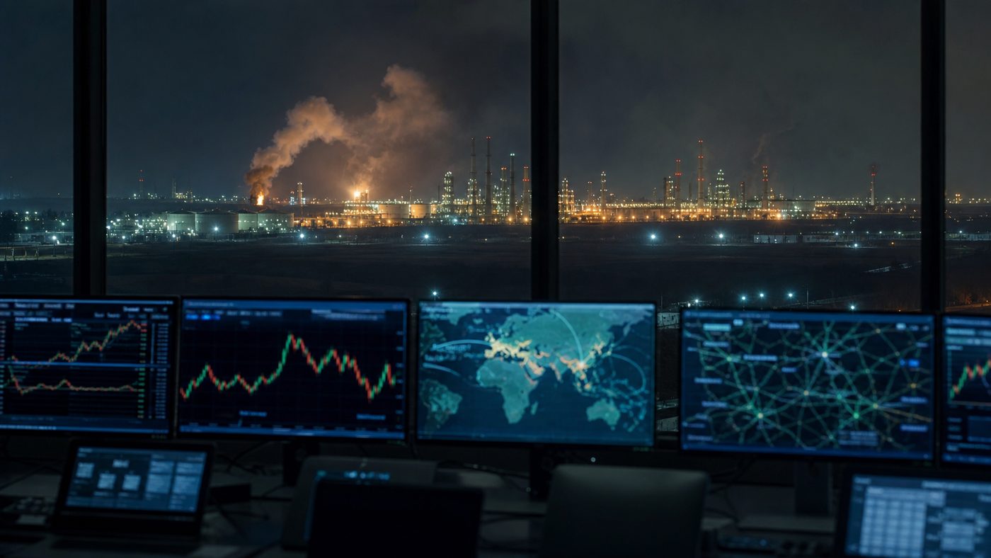 AI генерирана илюстрация на енергиен команден център и риск за петролна инфраструктура във войната в Украйна.