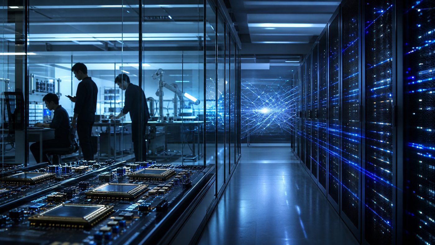 AI генерирана илюстрация на AI лаборатория, сървъри и ефективно използване на изчислителен капацитет.
