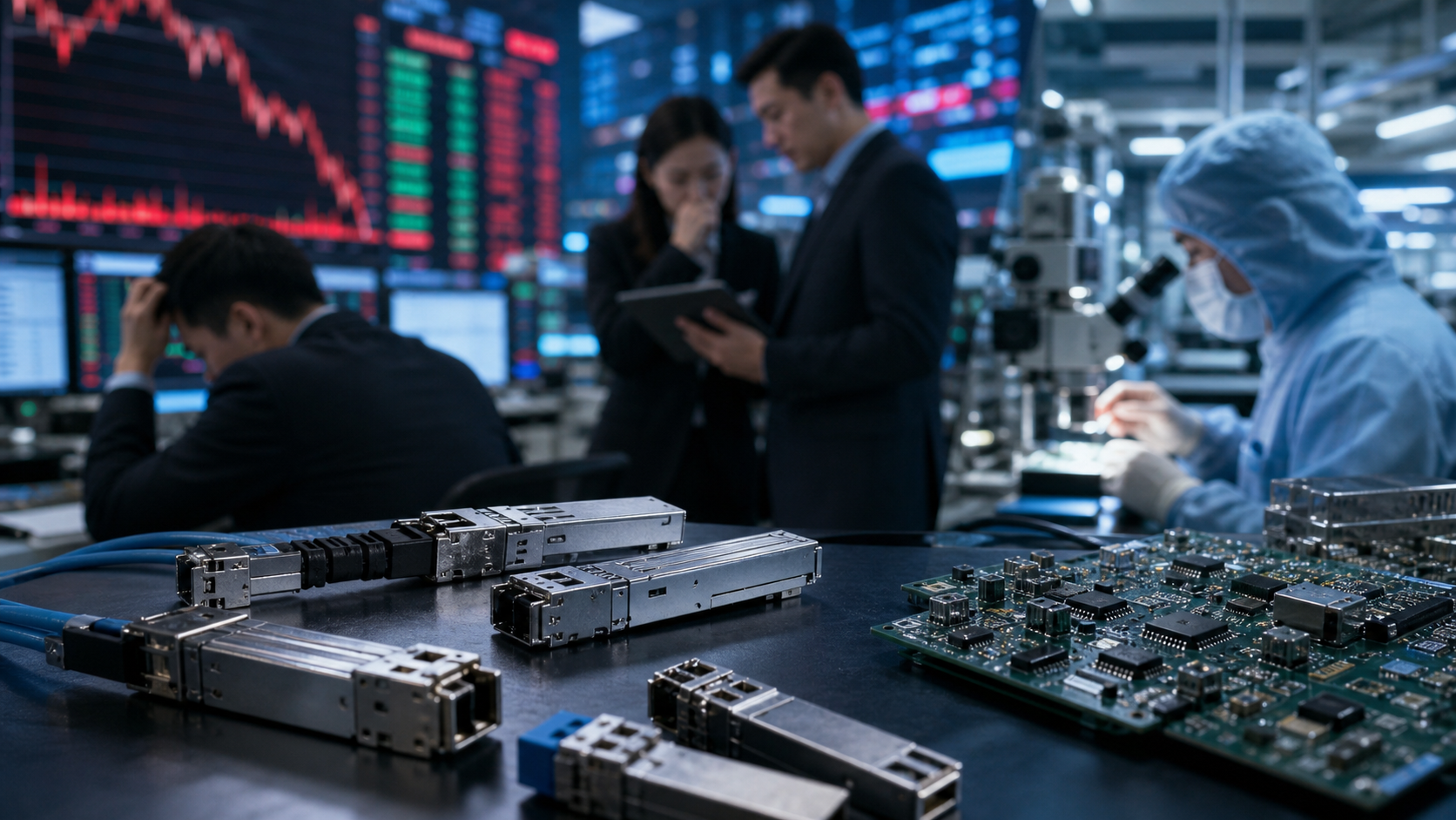 AI генерирана илюстрация на оптични компоненти, AI хардуер и напрегнат пазарен фон.