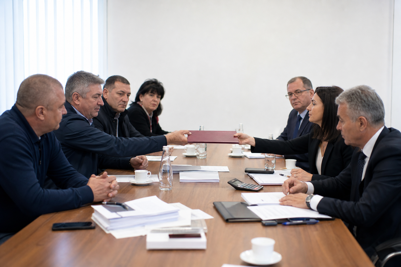 AI генерирана редакционна илюстрация на преговори за минимална заплата между работодатели, синдикати и държава; не е снимка от източника.