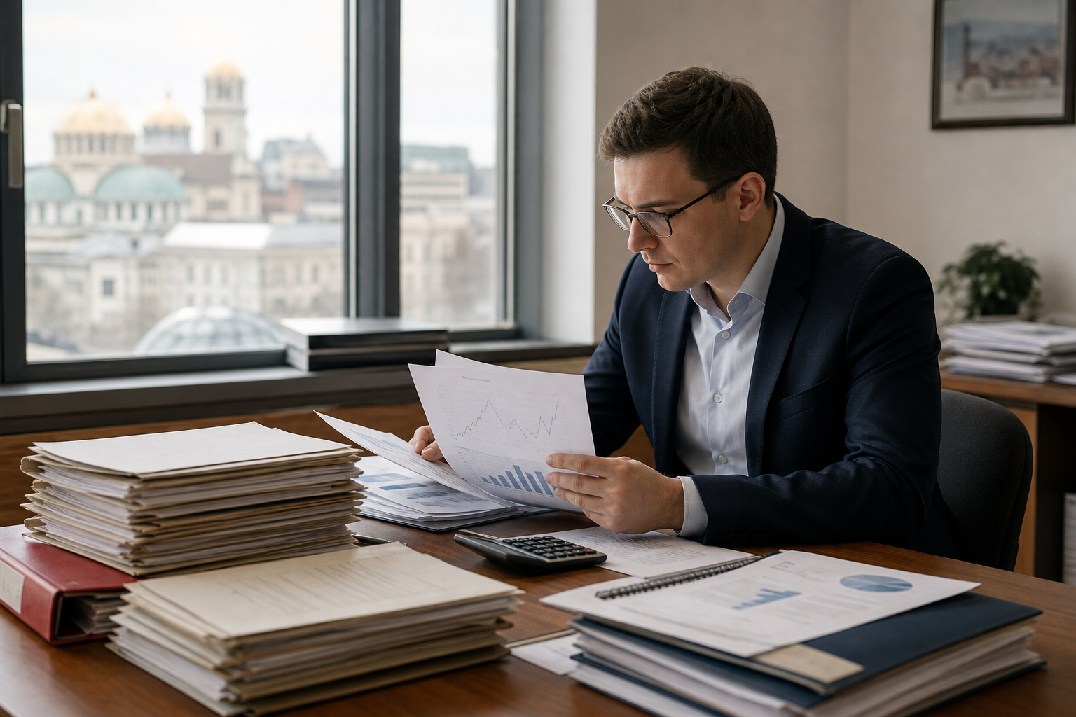 AI генерирана редакционна илюстрация на пенсионер и финансов експерт пред бюджетни документи в български институционален офис; не е снимка от източника.