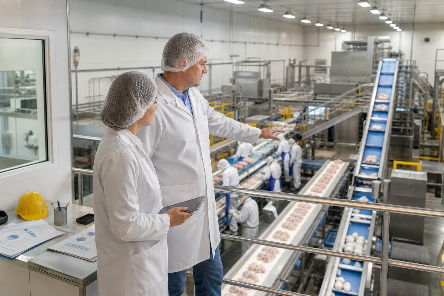 AI генерирана редакционна сцена във фабрика за хранителна продукция с финансов анализатор.