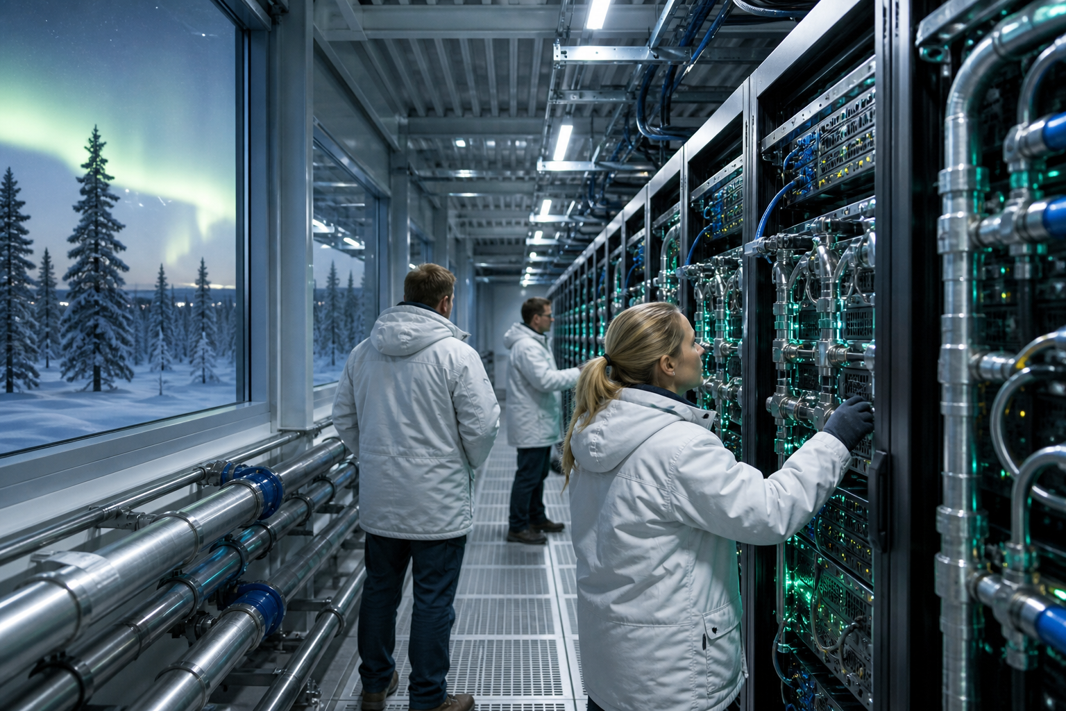 AI генерирана редакционна сцена в северен суперкомпютърен център с охлаждащи коридори и инженери без видими лога.