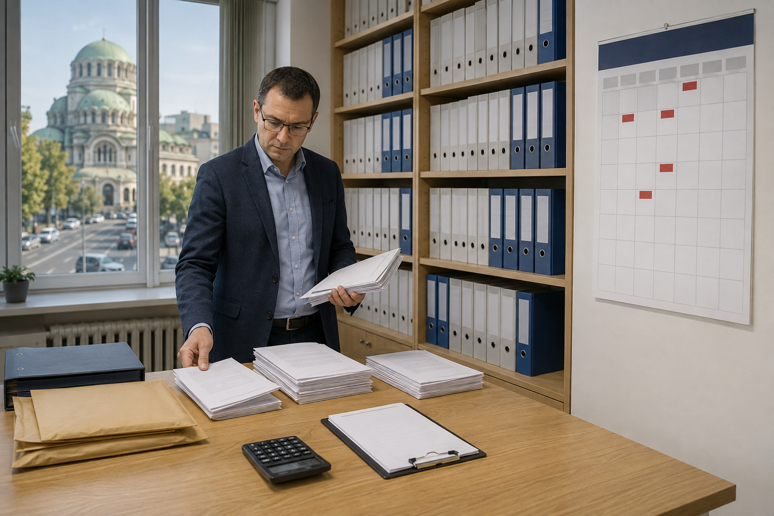 AI генерирана редакционна сцена с макроикономически календар, папки и изглед към София без четим текст.