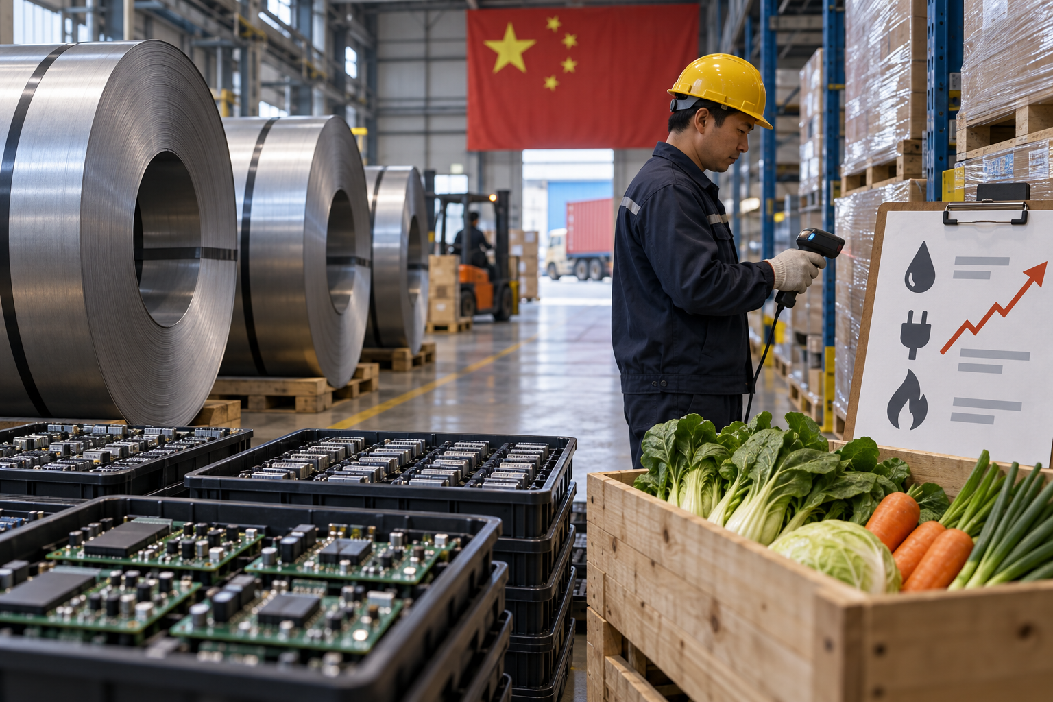 AI генерирана редакционна сцена в китайски промишлен склад с метални рулони, зеленчукова каса и работник със скенер без текст.