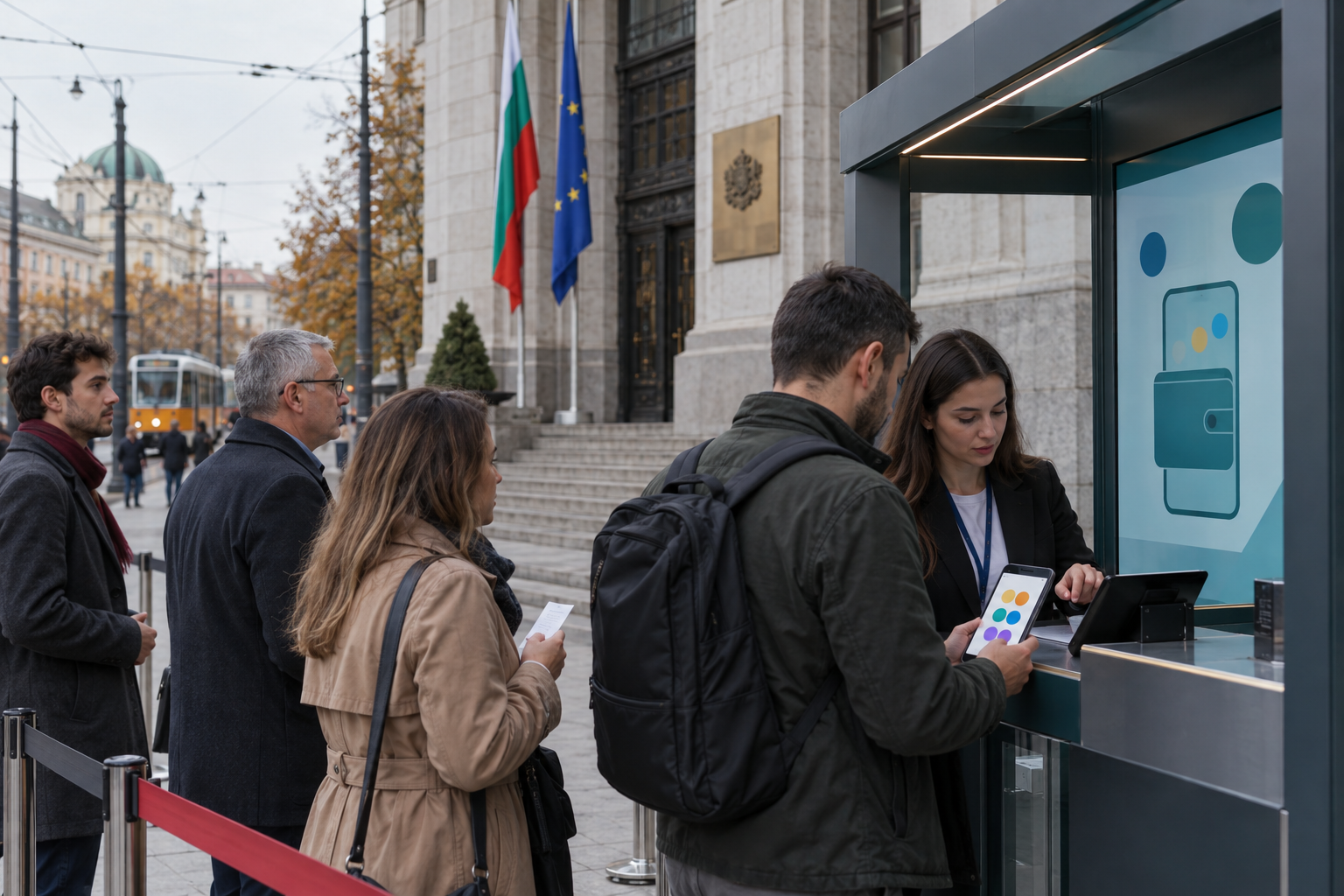 AI генерирана редакционна сцена пред сградата на финансов надзор в София с опашка от клиенти, дигитален портфейл на телефон без четим текст и есенна светлина.