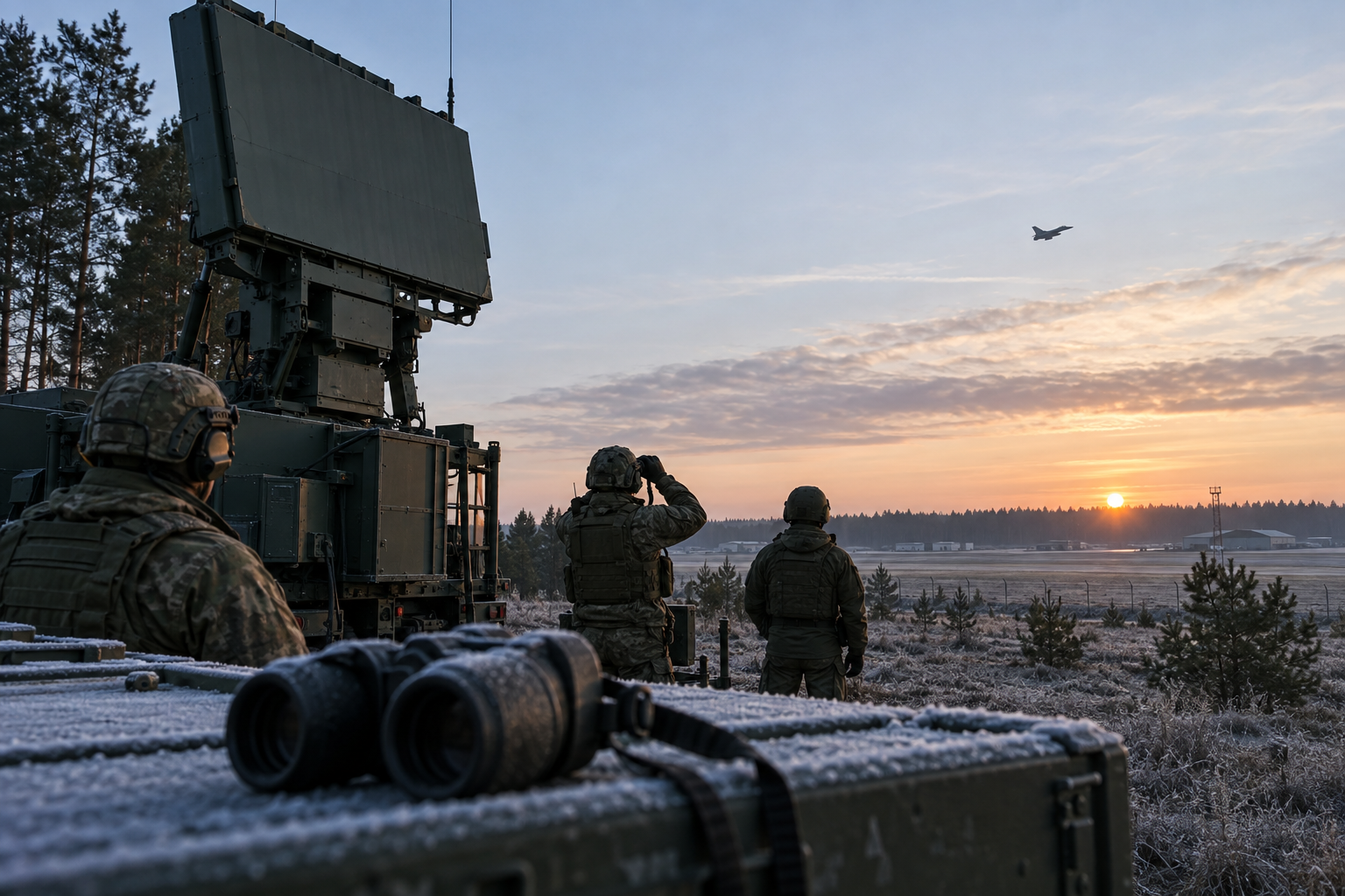 AI генерирана редакционна сцена на балтийски военен радар при изгрев с изтребител в далечината и без текст.