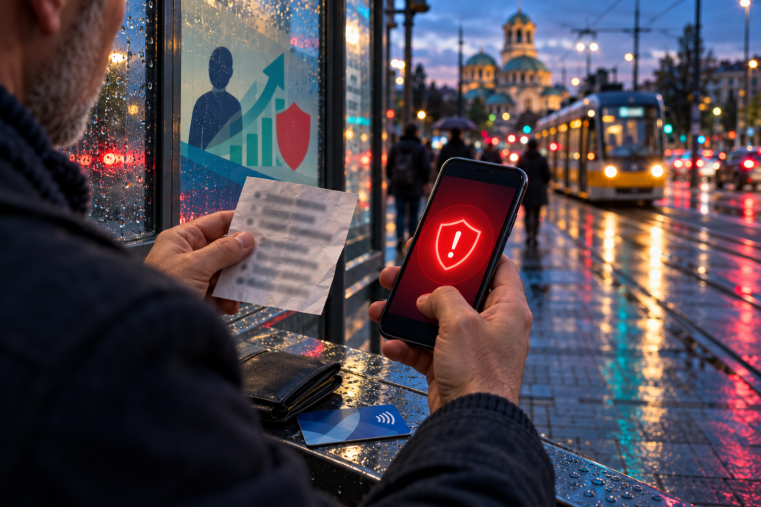 AI генерирана редакционна сцена на градска спирка в София, където човек проверява инвестиционно предупреждение на телефон без четим текст.
