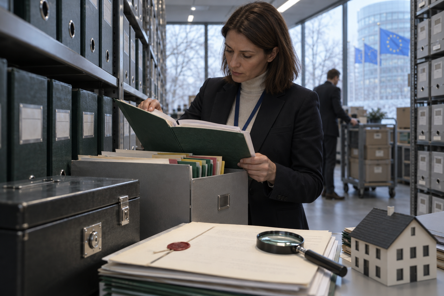 AI генерирана редакционна сцена в европейски надзорен архив със служител, застрахователни папки и модел на сграда без четим текст.